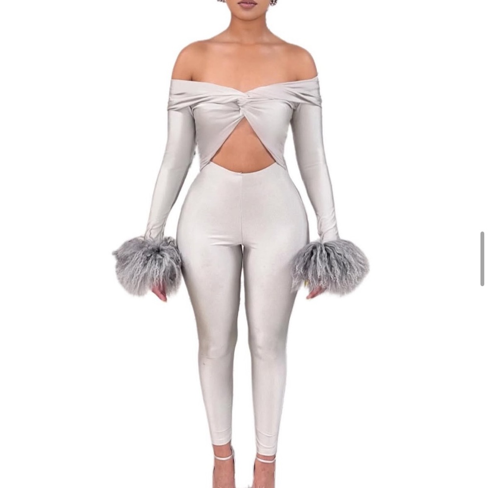 Silver Satin Jumpsuit with Feather Cuffs